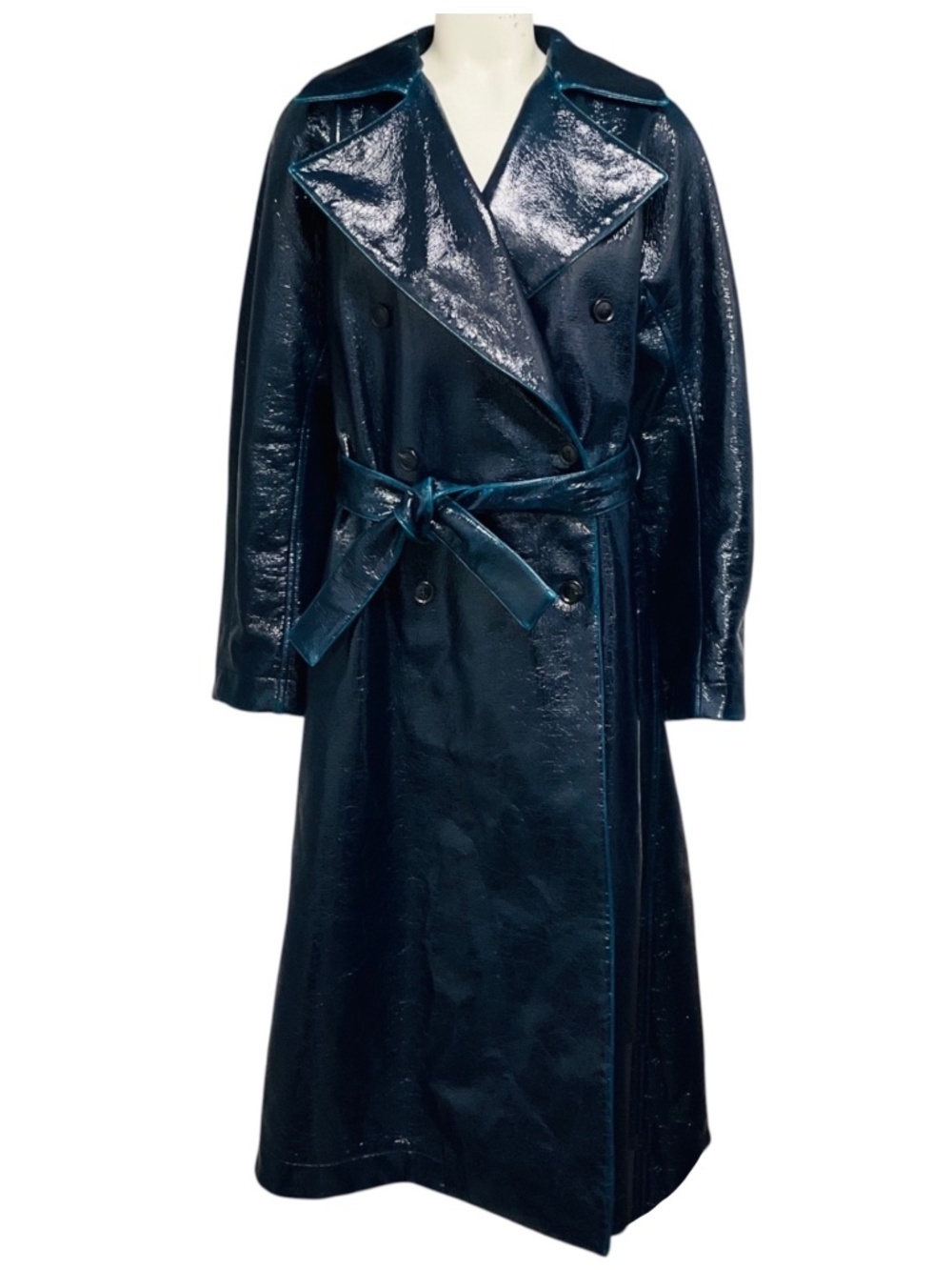 ALAIA PETROL BLUE MIRROR WOOL DOUBLE BREASTED LONG TRENCH COAT
